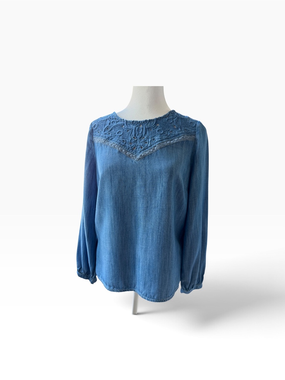 Talbots Blue Crochet Yoke Long Sleeve Top Sz P